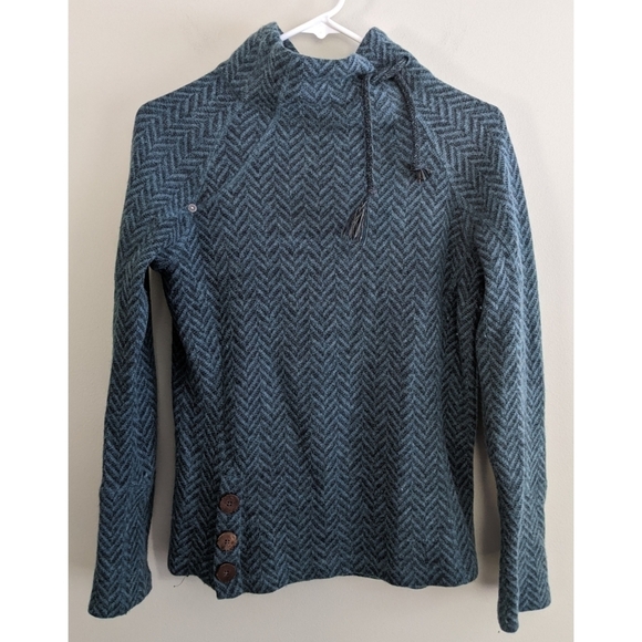 Teal Lucia Herringbone Funnel Neck Wool Blend Sweater Small